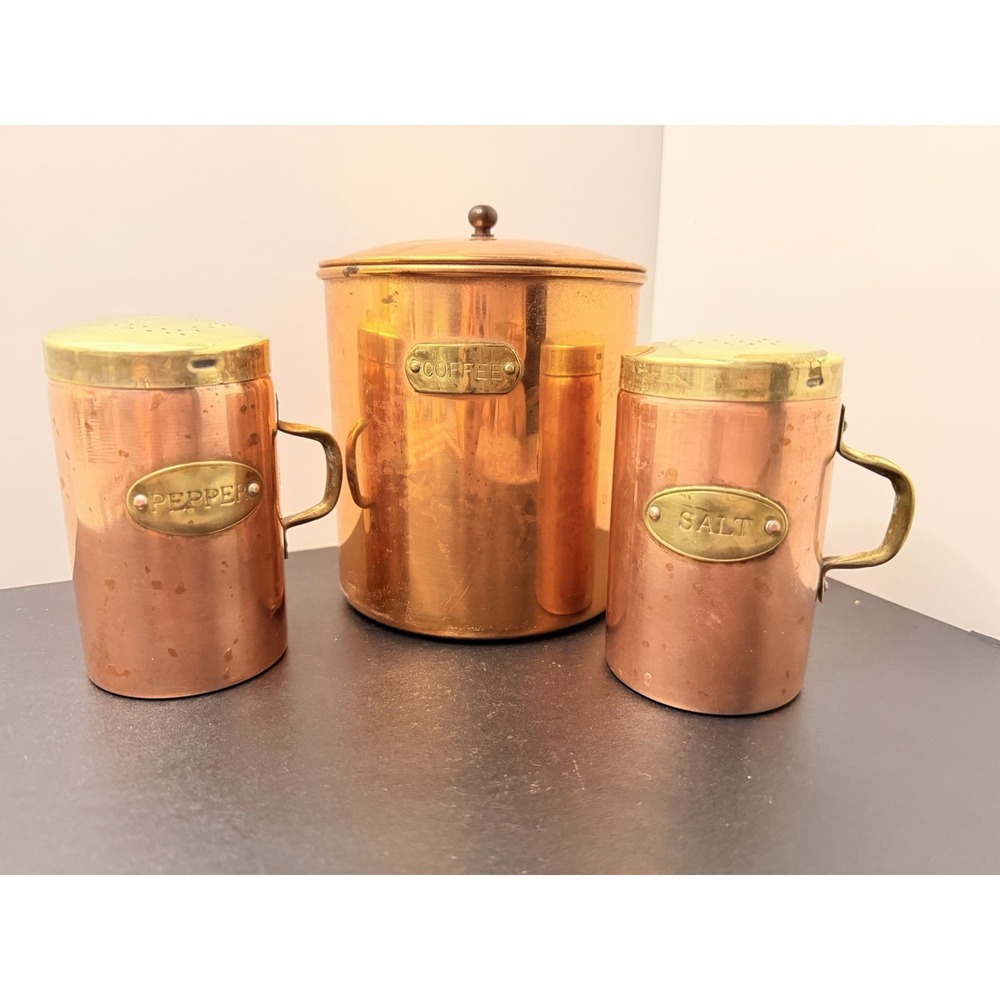 Vintage Copper & Brass 3 Pc Kitchen Set Coffee Canister Salt & Pepper Shakers